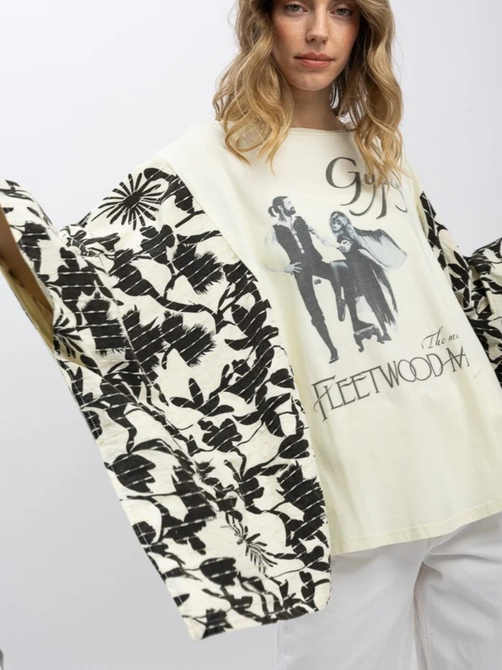 Fleetwood Mac Graphic Cream Tee with Black Floral Kimono Sleeves L/xl